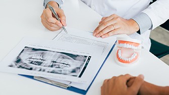 Dentist explaining dental X-ray to emergency patient